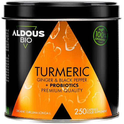Organic Turmeric with Ginger, Black Pepper and Probiotics, 250 capsules. Aldous Bio