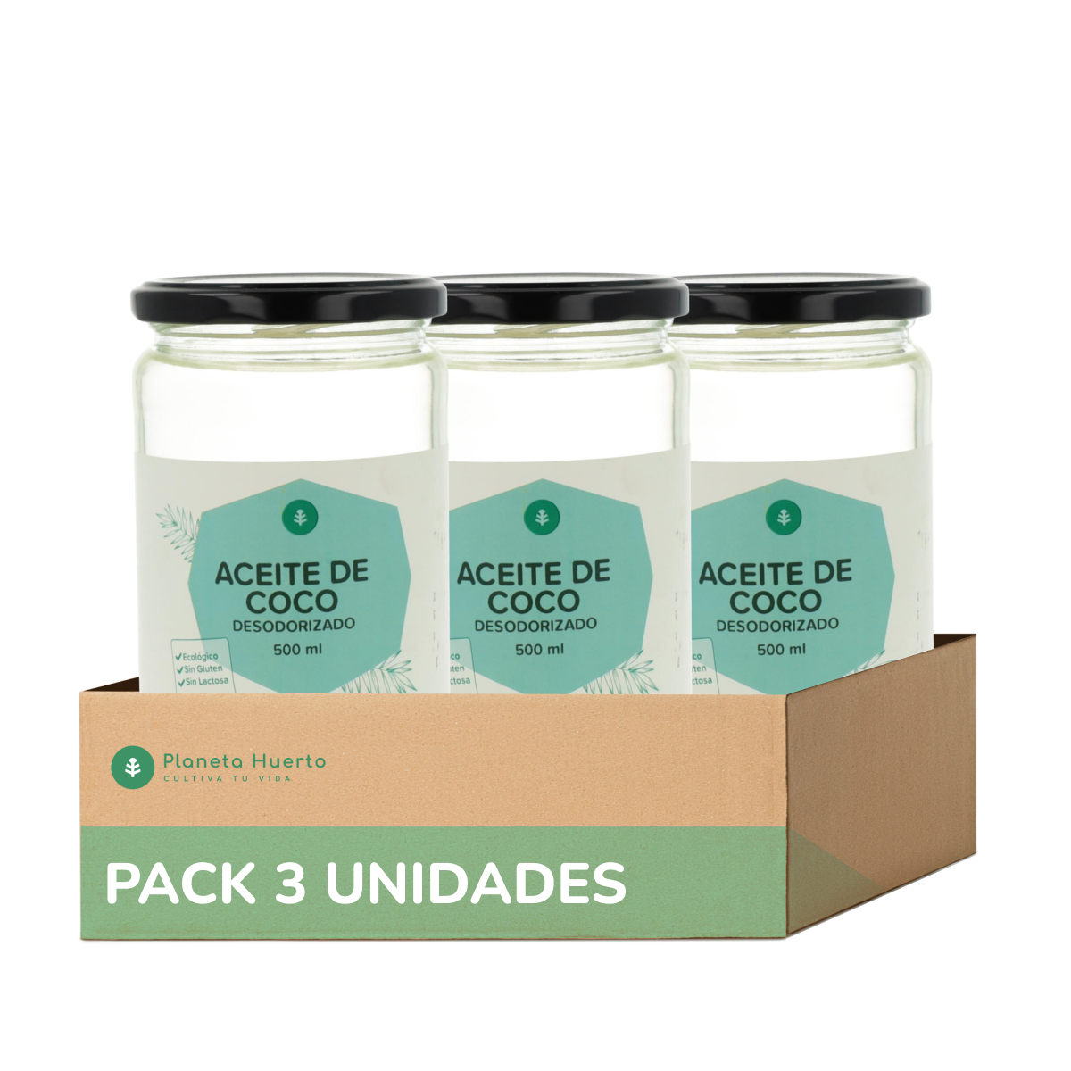 Packung 3xOrganisches desodoriertes Kokosnussöl ECO Planeta Huerto 500 ml