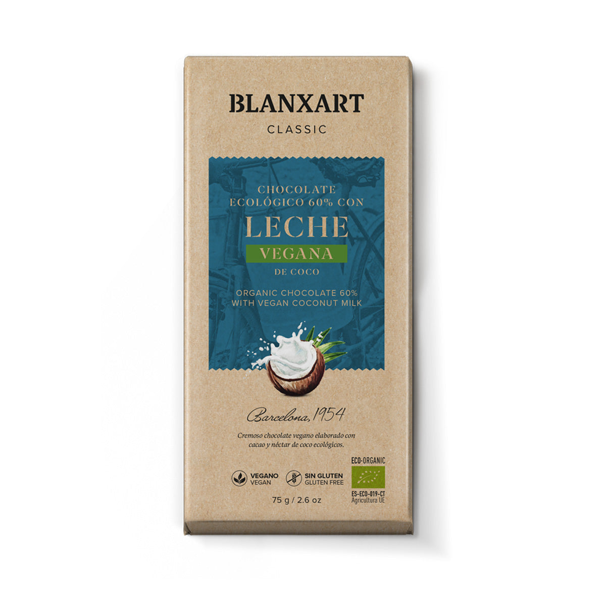 Chocolade 60% cacao met kokosmelk Eco Vegan Glutenvrij Blanxart 75 g