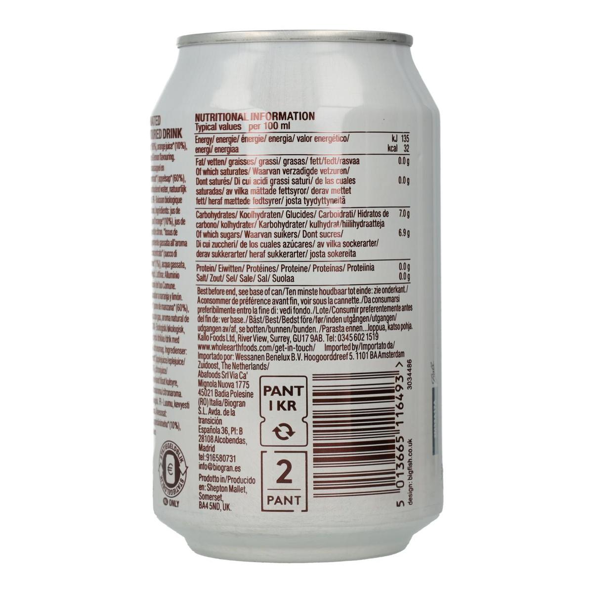 Lot de 6 boissons gazeuses biologiques Whole Earth à l'orange et au citron, 330 ml.