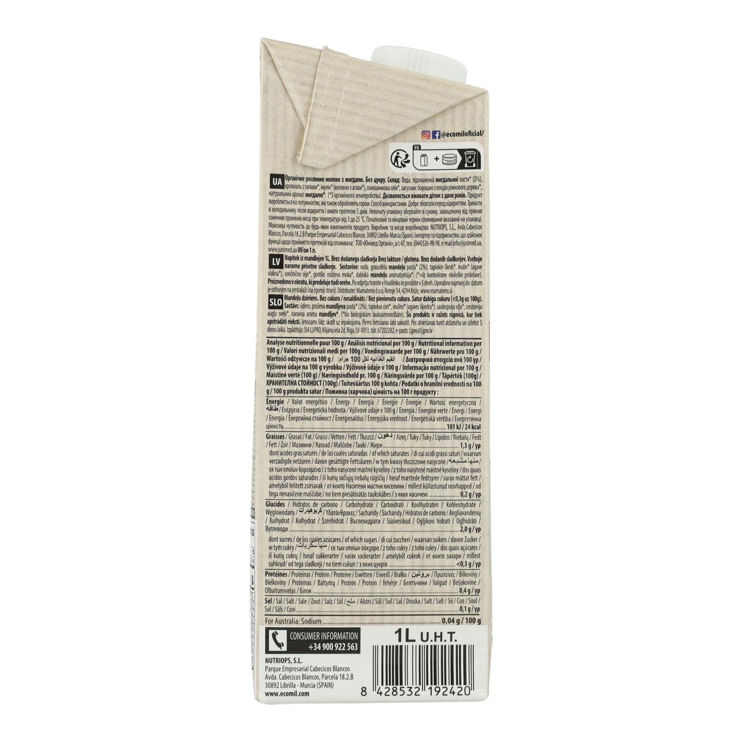 Napój roślinny migdałowy classic Nature bio bez cukru Ecomil 1 l