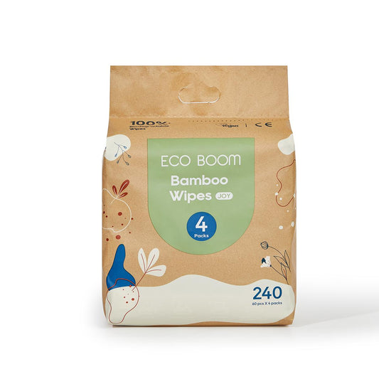Lot de 4 paquets de lingettes biodégradables en bambou Ecoboom 60 unités
