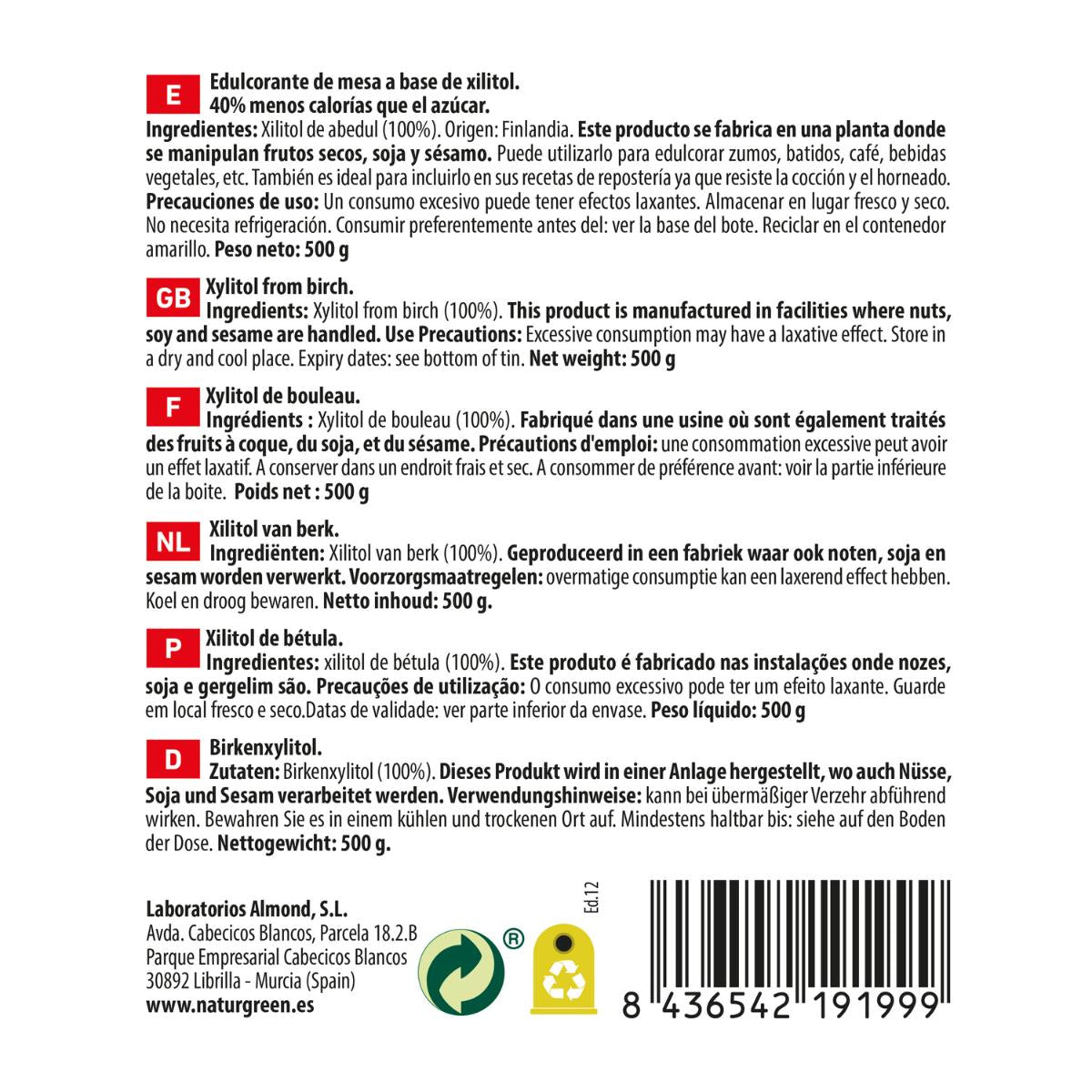 Xilitolo zucchero di betulla Naturgreen 500 g