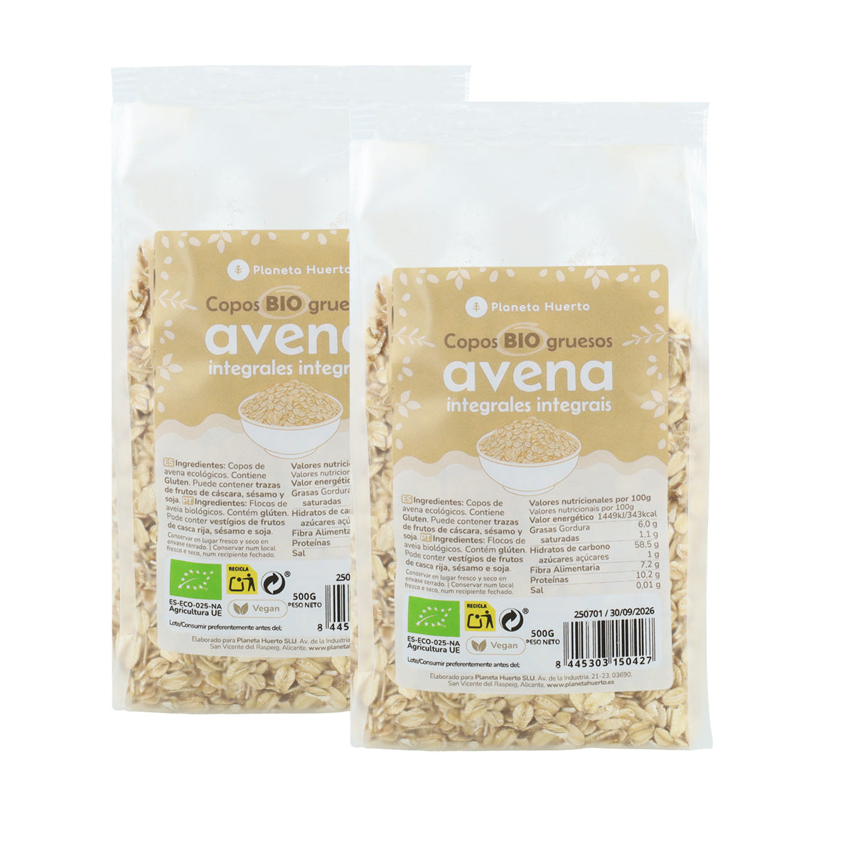 Confezione 2x Fiocchi d'avena integrali ECO Planeta Huerto 500 g