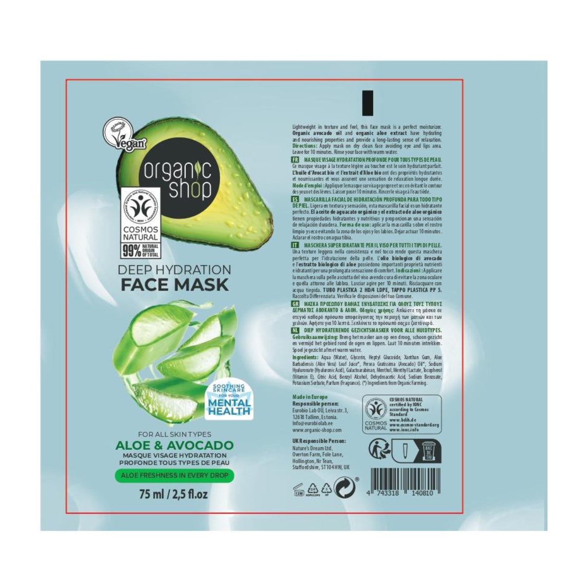 Feuchtigkeitsspendende Gesichtsmaske mit Avocado und Aloe, Organic Shop 75 ml