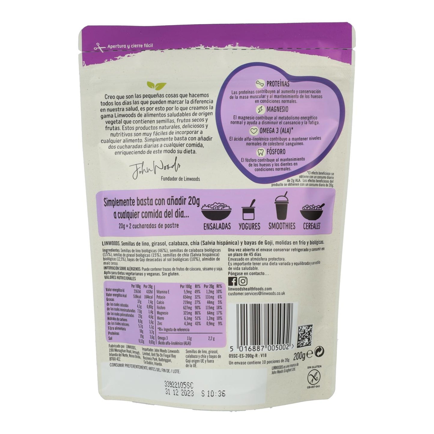 Mélange biologique de graines de lin moulues, de tournesol, de courge, de chia et de baies de goji - Linwoods 425 g