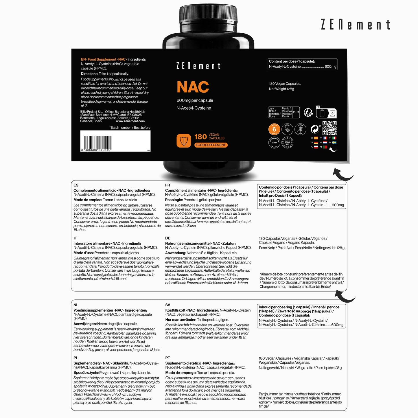 NAC N-acetylo-cysteina, 600 mg Zenement, 180 tabletek wegańskich  NAC 600 mg