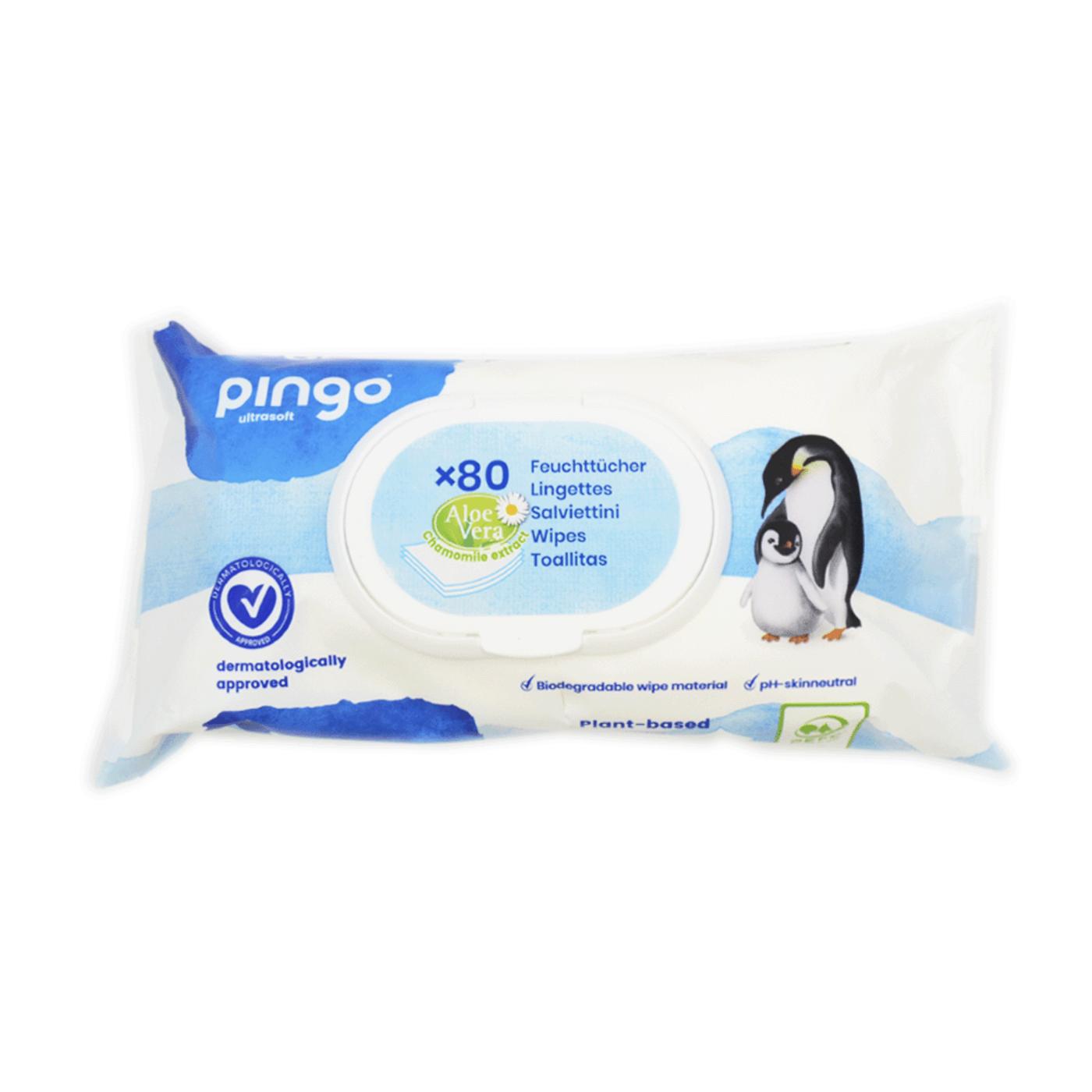 Opakowanie 12 x chusteczki nawilżane w 100% biodegradowalne Pingo 80 szt.