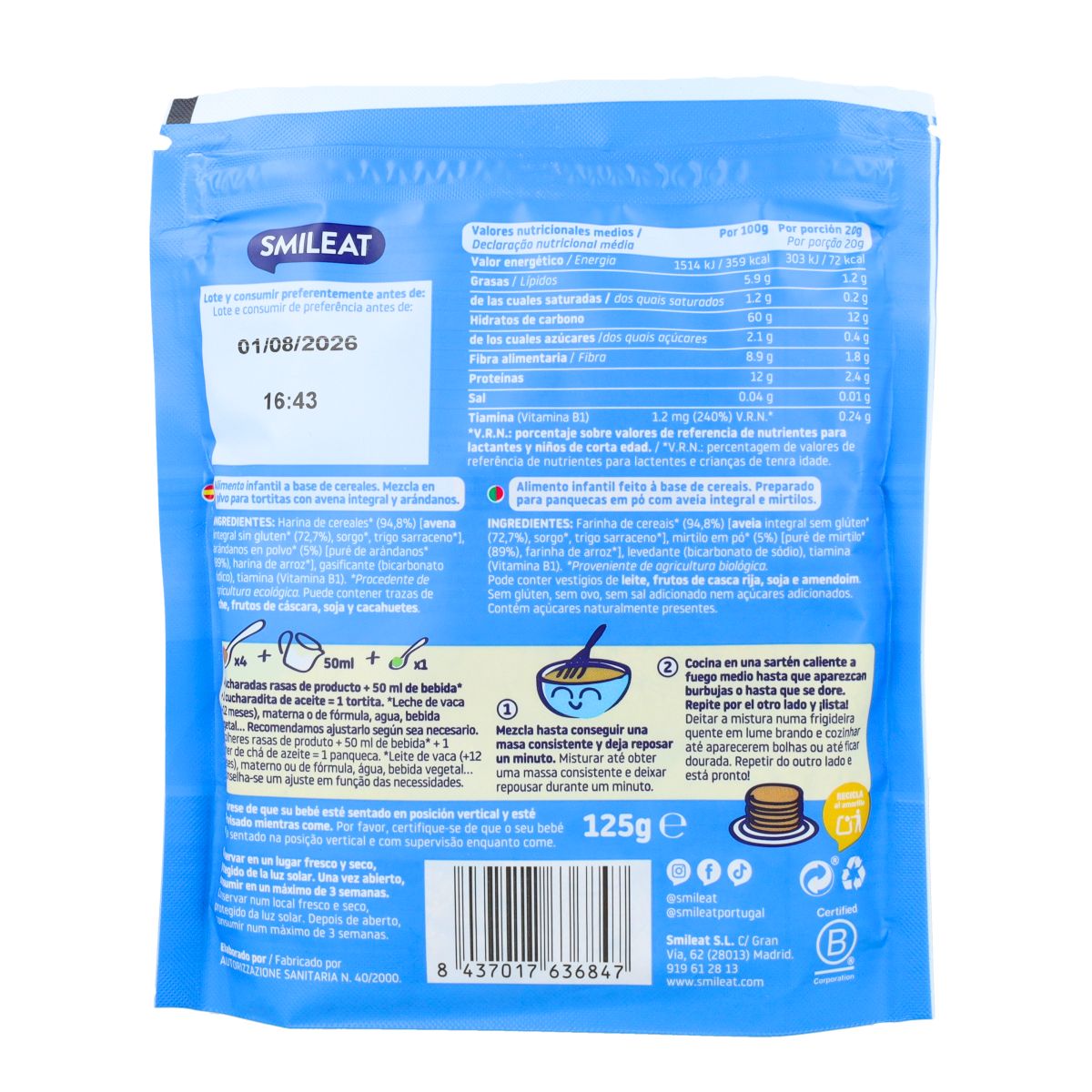 Smileat Organic Wholemeal Oat and Blueberry Pancake Mix 125 g