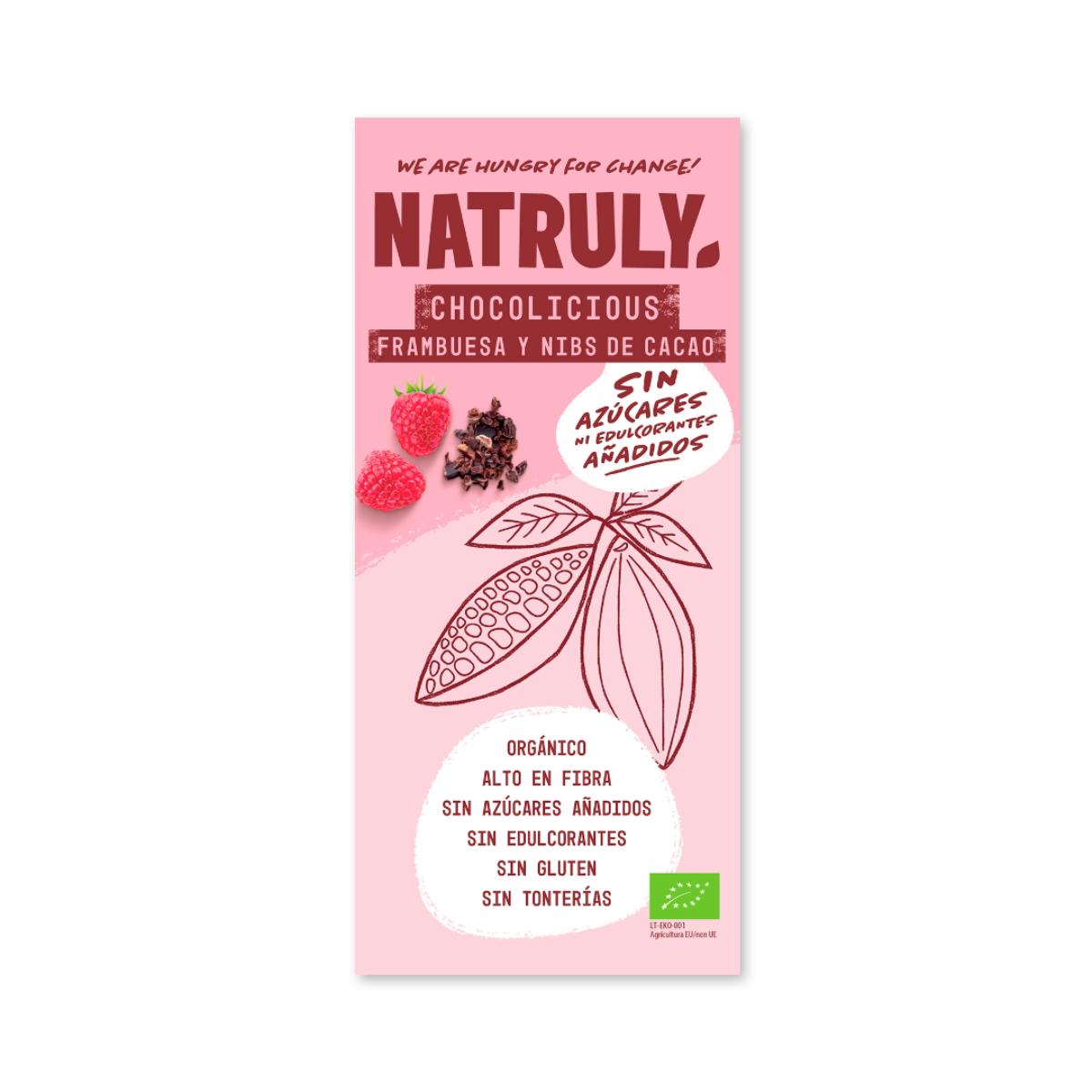Tafel Schokolade Chocolicious BIO mit Himbeeren und Kakaonibs Natruly 85 g