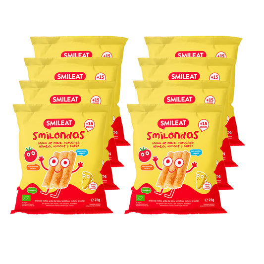 Pack 8x Smilondas Snack au maïs, pois chiches, lentilles, tomates et fromage bio, Smileat, 25 g