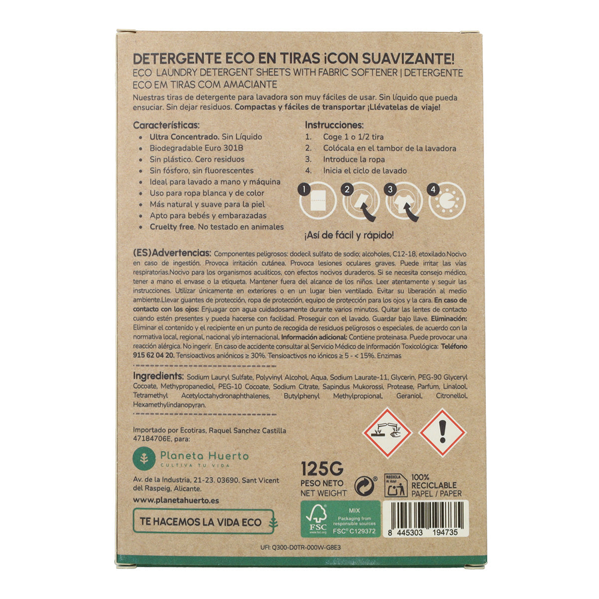 Pack 5 Eco-Tiras lessive et adoucissant Planeta Huerto 200 lavages