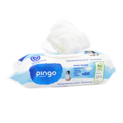 Opakowanie 12 x chusteczki nawilżane w 100% biodegradowalne Pingo 80 szt.