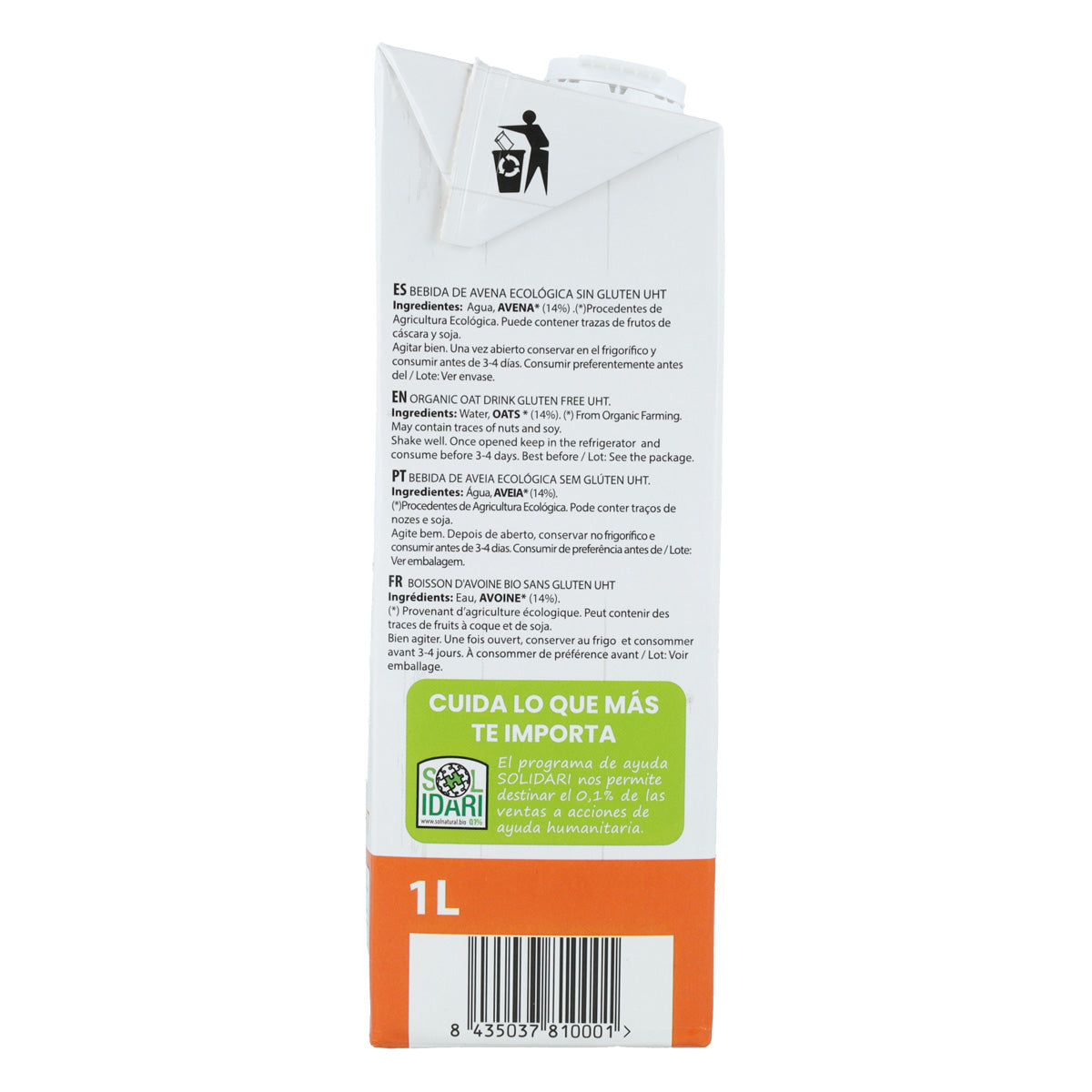 Pack 4x Bebida Avena Sin Gluten Bio Sol Natural 1 L