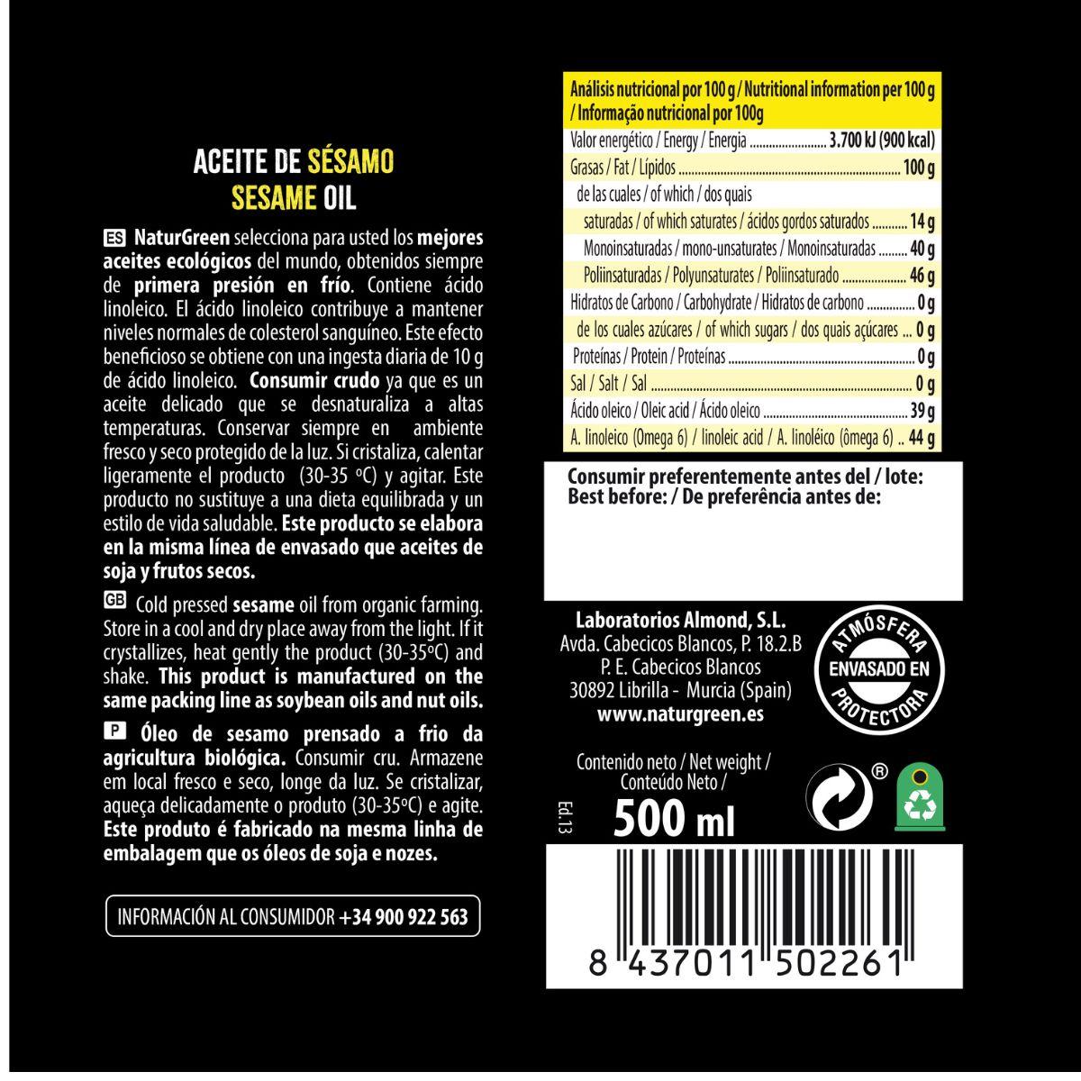 Huile de sésame BIO NaturGreen. 500 ml