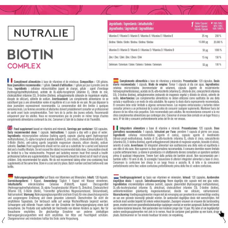Nutralie Complexe biotine 10 000 mcg cheveux, peau, ongles, 120 gélules