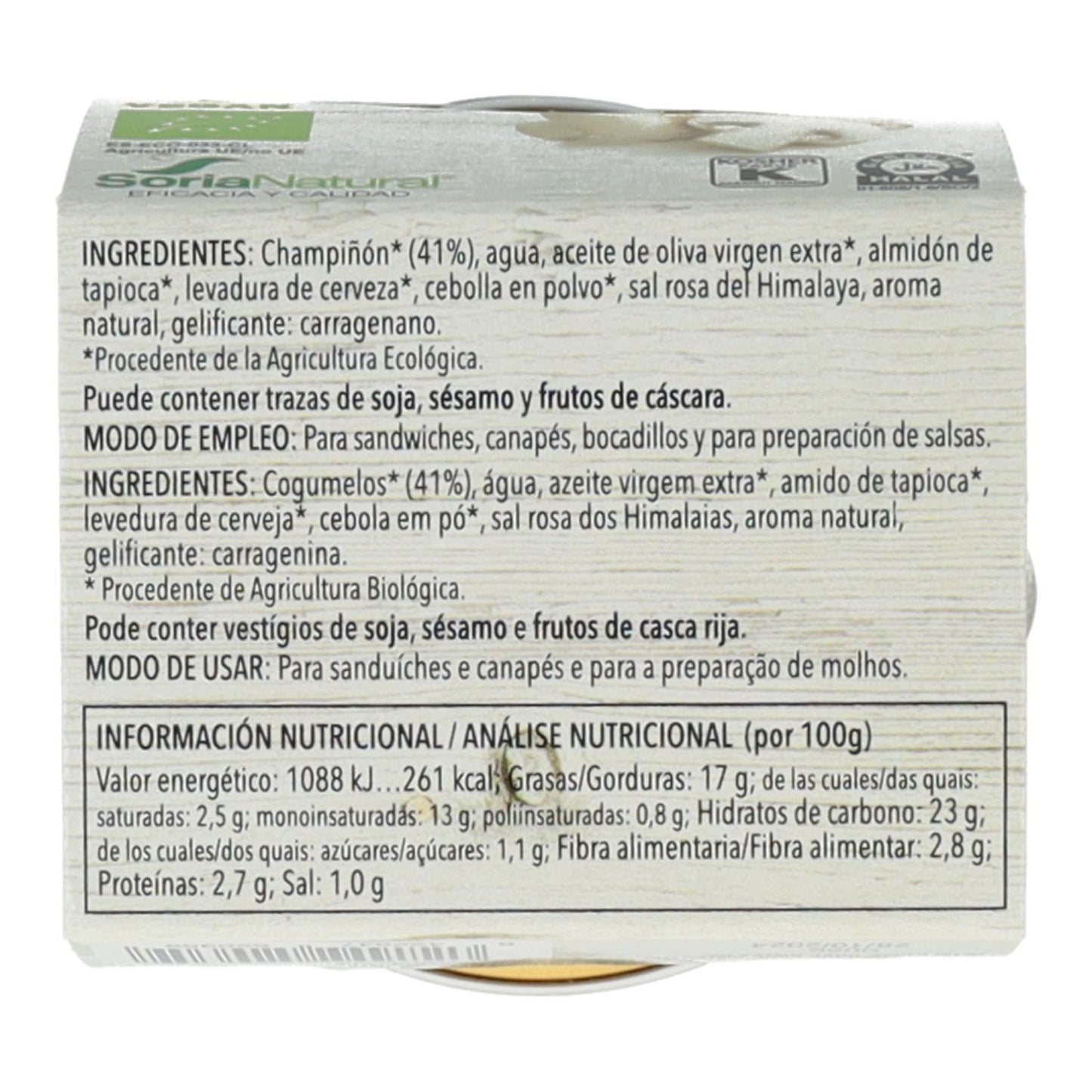 Pâté de légumes aux champignons naturels Soria, 2 unités de 50 g