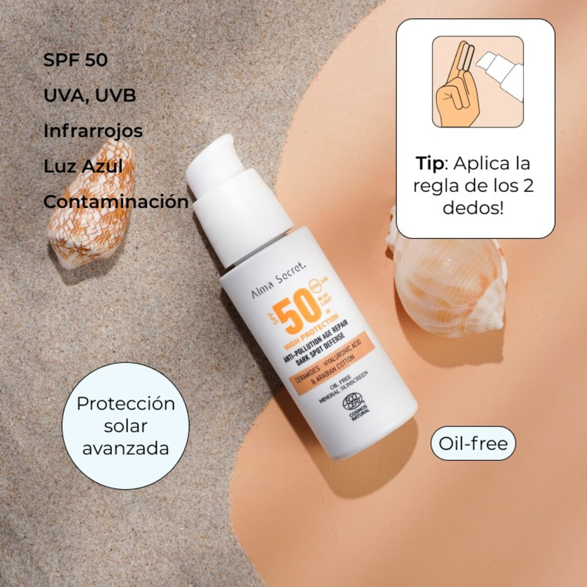 Krem przeciwsłoneczny do twarzy Golden SPF 50 z ceramidami, przeciwdziała plamom i nie zawiera olejów, Alma secret, 50 ml