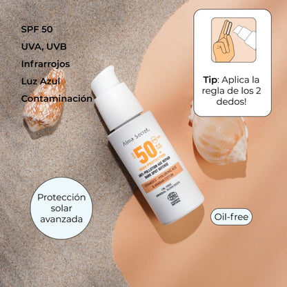 Krem przeciwsłoneczny do twarzy Golden SPF 50 z ceramidami, przeciwdziała plamom i nie zawiera olejów, Alma secret, 50 ml