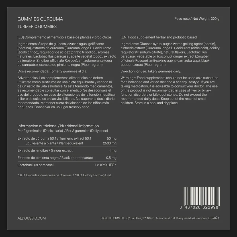 Turmeric with Ginger and Black Pepper + Probiotics Aldous Bio 120 Gummies