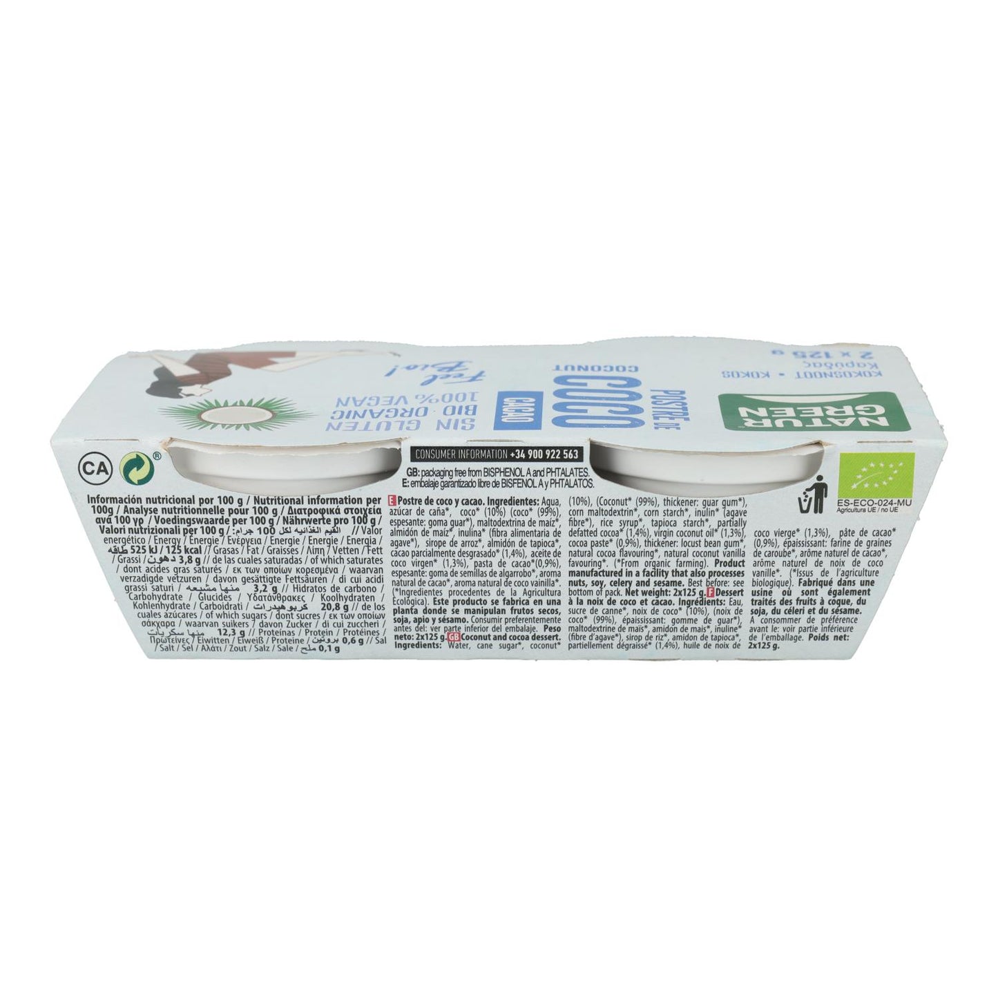 Postre de Coco Cacao Naturgreen, 2 X 125 g