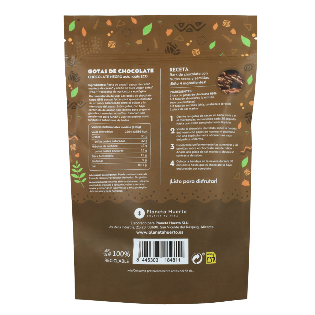 Gouttes de chocolat 85% de cacao ECO Planeta Huerto 200 g