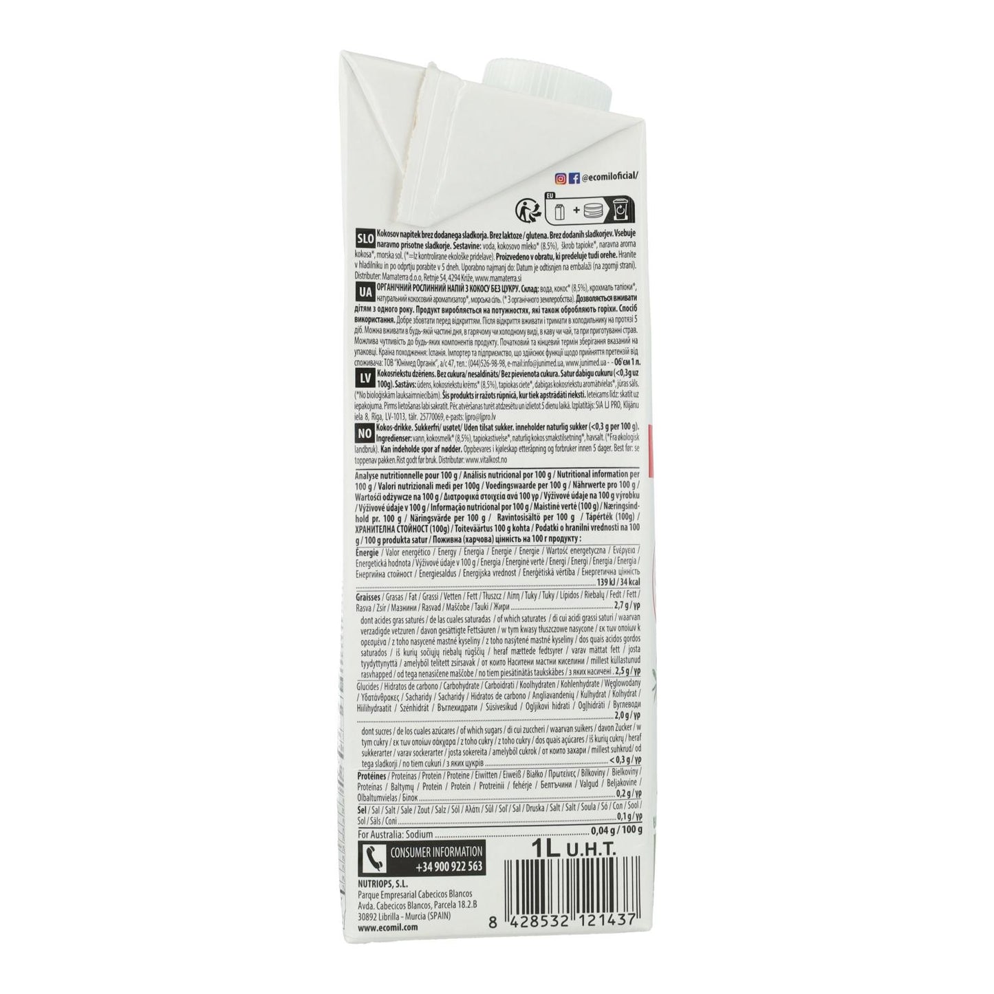 Bevanda vegetale al cocco senza zucchero, senza glutine e senza lattosio Ecomil 1L