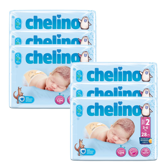 Zestaw 6 x pieluchy T2 dla noworodków (3-6 kg) 28 szt., Chelino