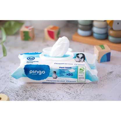Opakowanie 12 x chusteczki nawilżane w 100% biodegradowalne Pingo 80 szt.