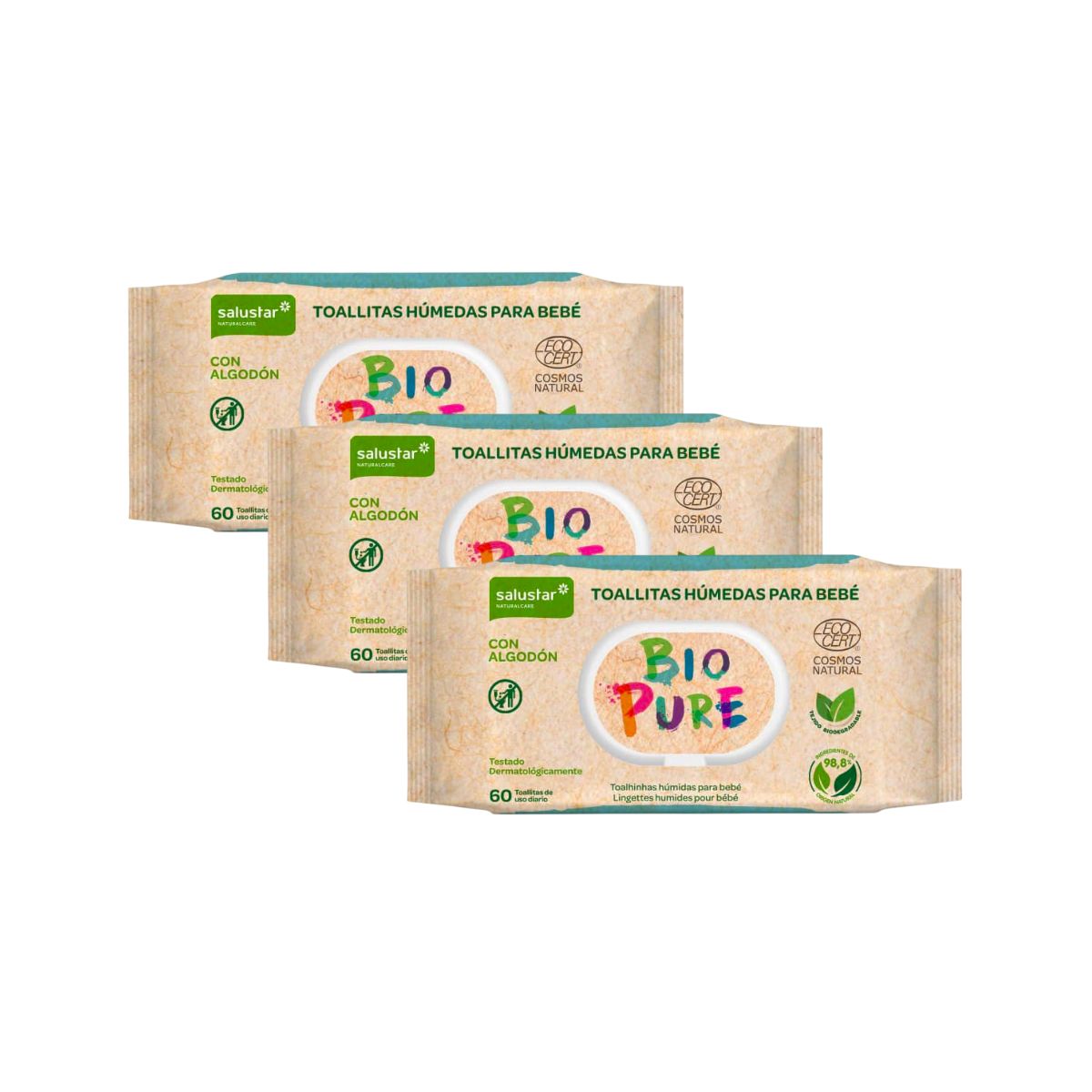 Zestaw 3x biodegradowalne chusteczki nawilżane dla niemowląt Biopure Salustar 60 szt.