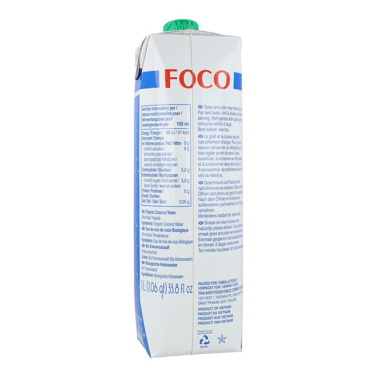 Confezione da 6 bottiglie di acqua di cocco pura 100% naturale Foco 1L