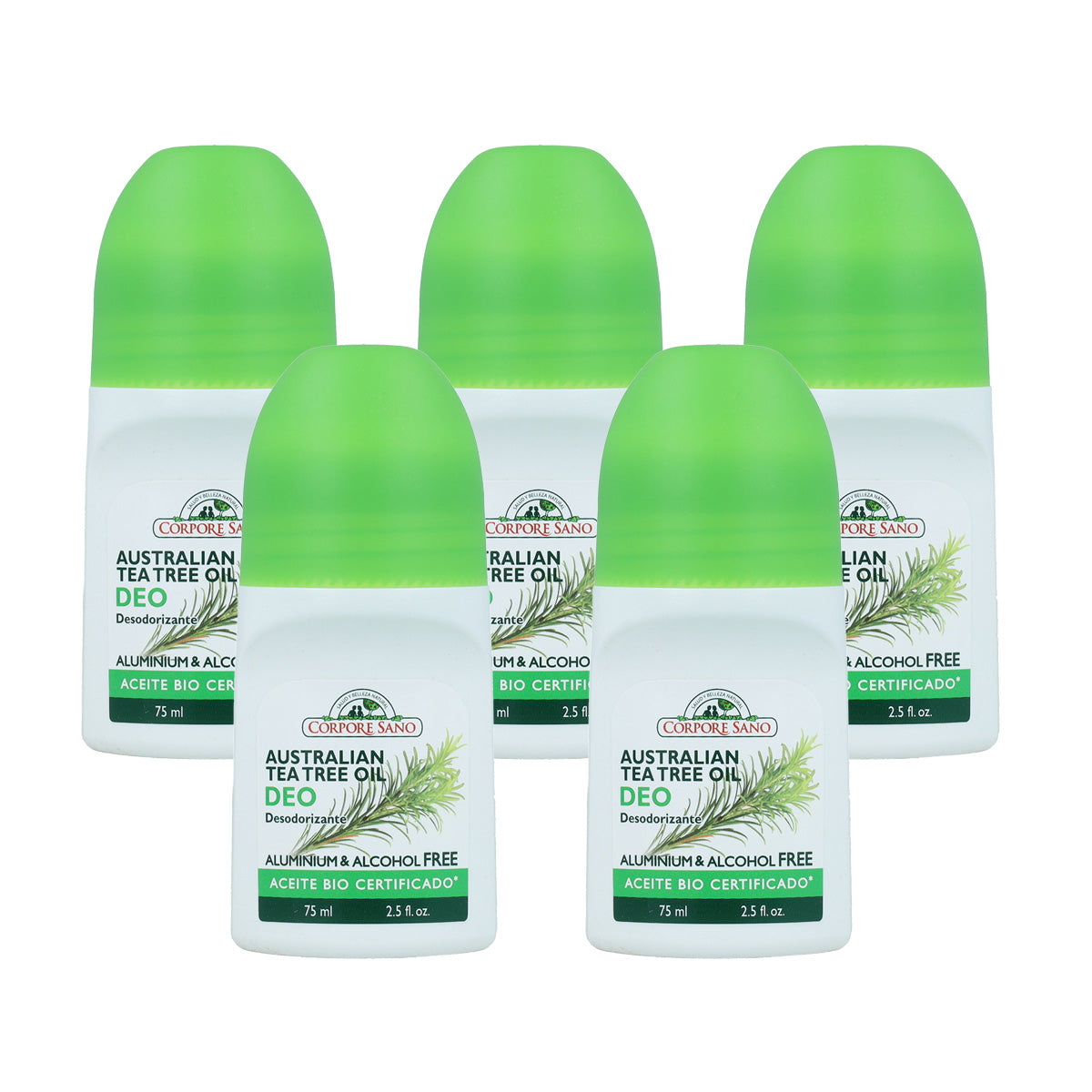 Confezione da 5 deodoranti roll-on all'albero del tè Corpore Sano 75 ml