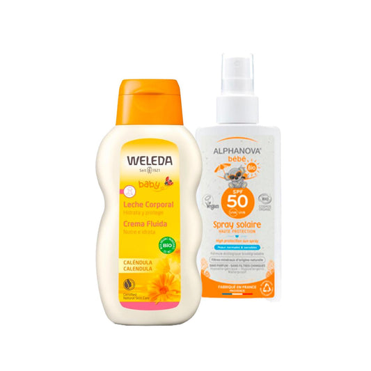 SOMMER-PAKET  Ökologische Sonnencreme für Babys LSF 50 Alphanova 125 ml + Calendula-Körpermilch Weleda, 200 ml