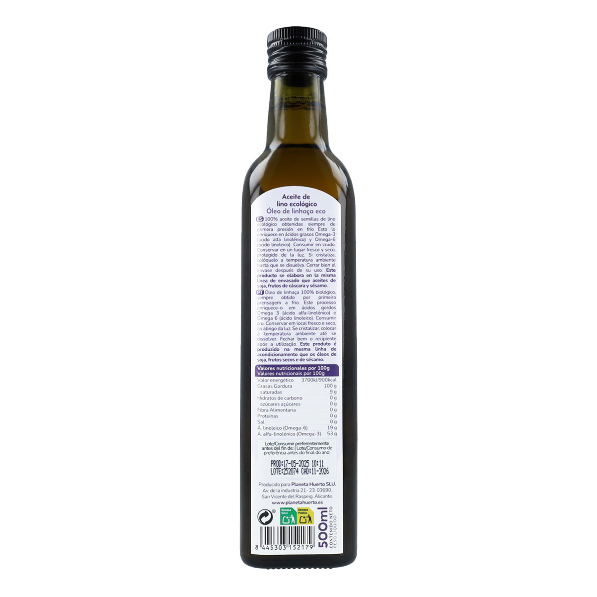 Confezione da 3 oli di lino spremuto a freddo ECO Planeta Huerto 500 ml