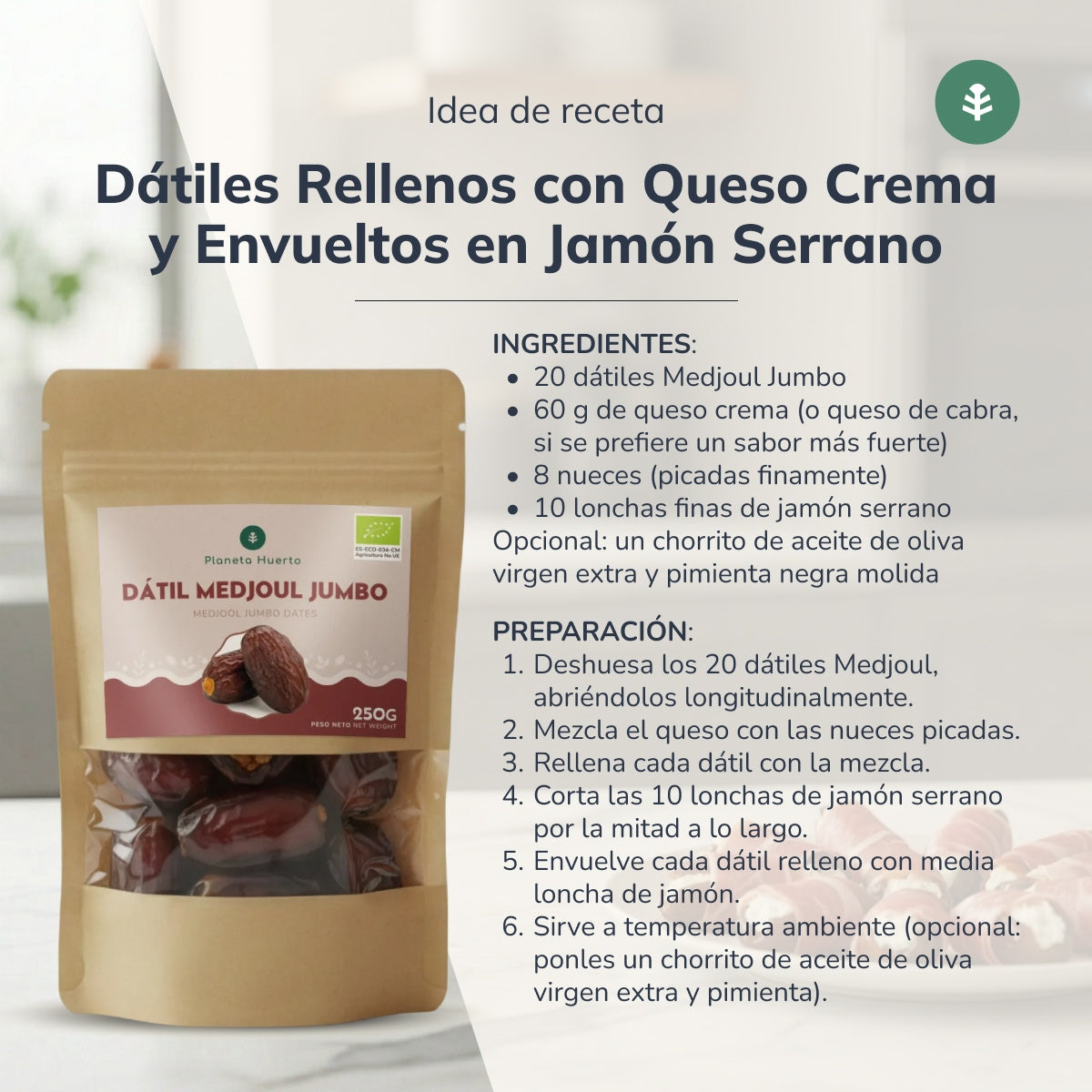 Jumbo-dadlar ECO Planeta Huerto 500 g