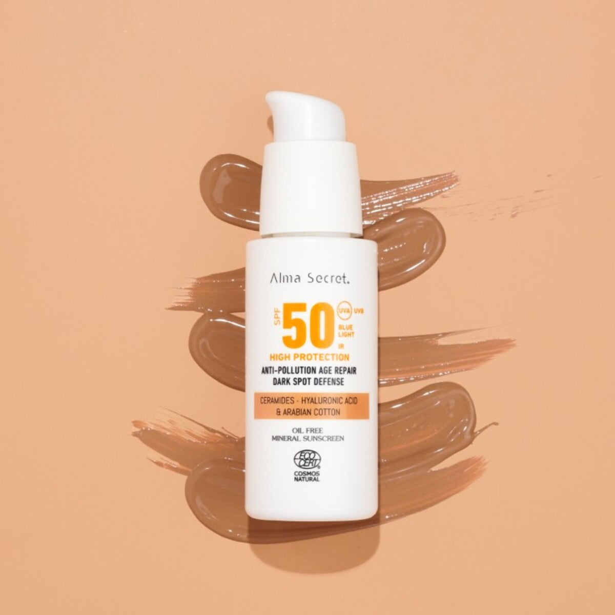 Krem przeciwsłoneczny do twarzy Golden SPF 50 z ceramidami, przeciwdziała plamom i nie zawiera olejów, Alma secret, 50 ml