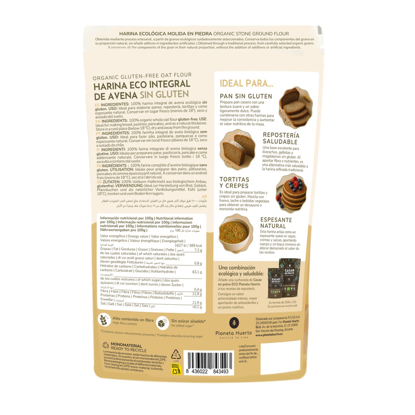 Płatki owsiane pełnoziarniste bezglutenowe Eco Planeta Huerto 800 g