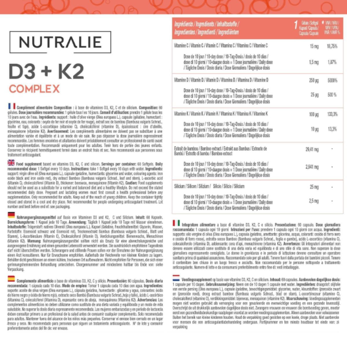 Nutralie Vitamin D3+K2-Komplex 10000 IE + Vit C 60 Kapseln
