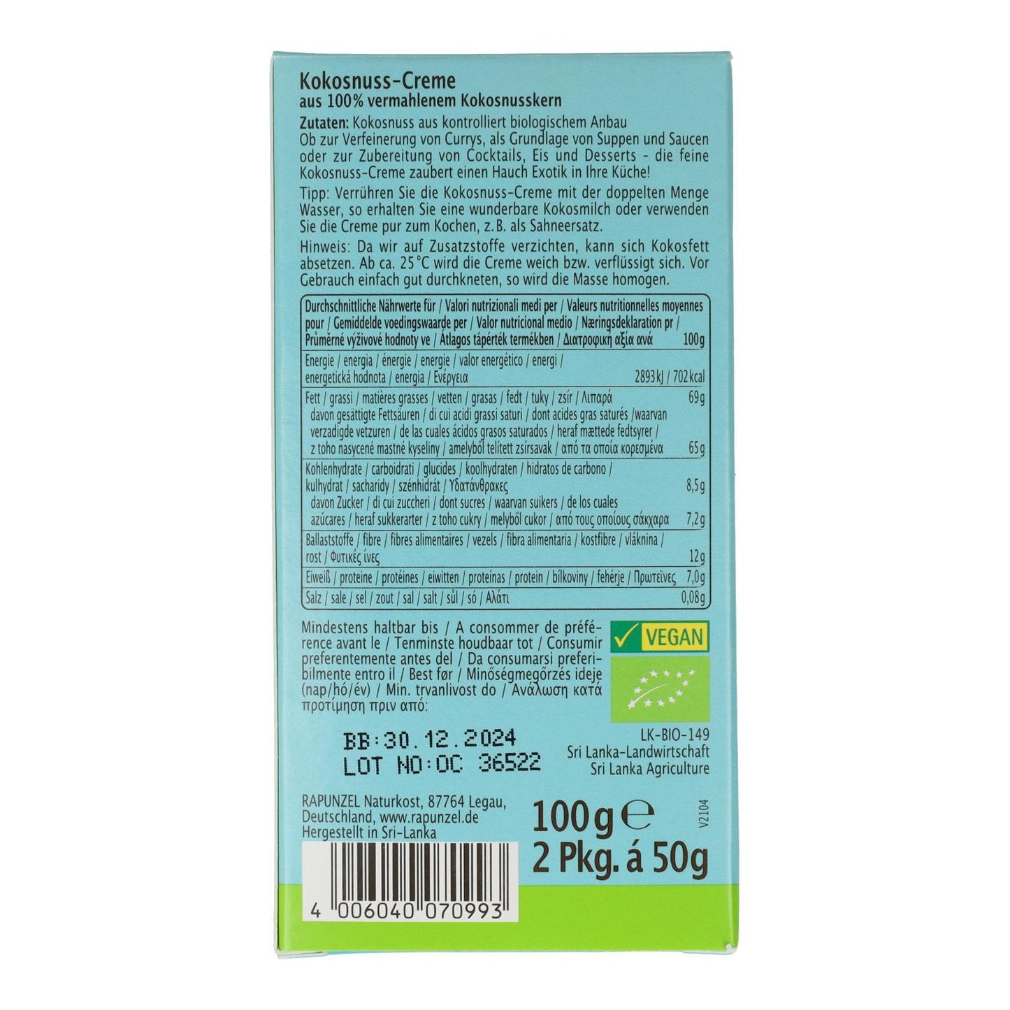 Kokoscrème Rapunzel, 2 x 50 g