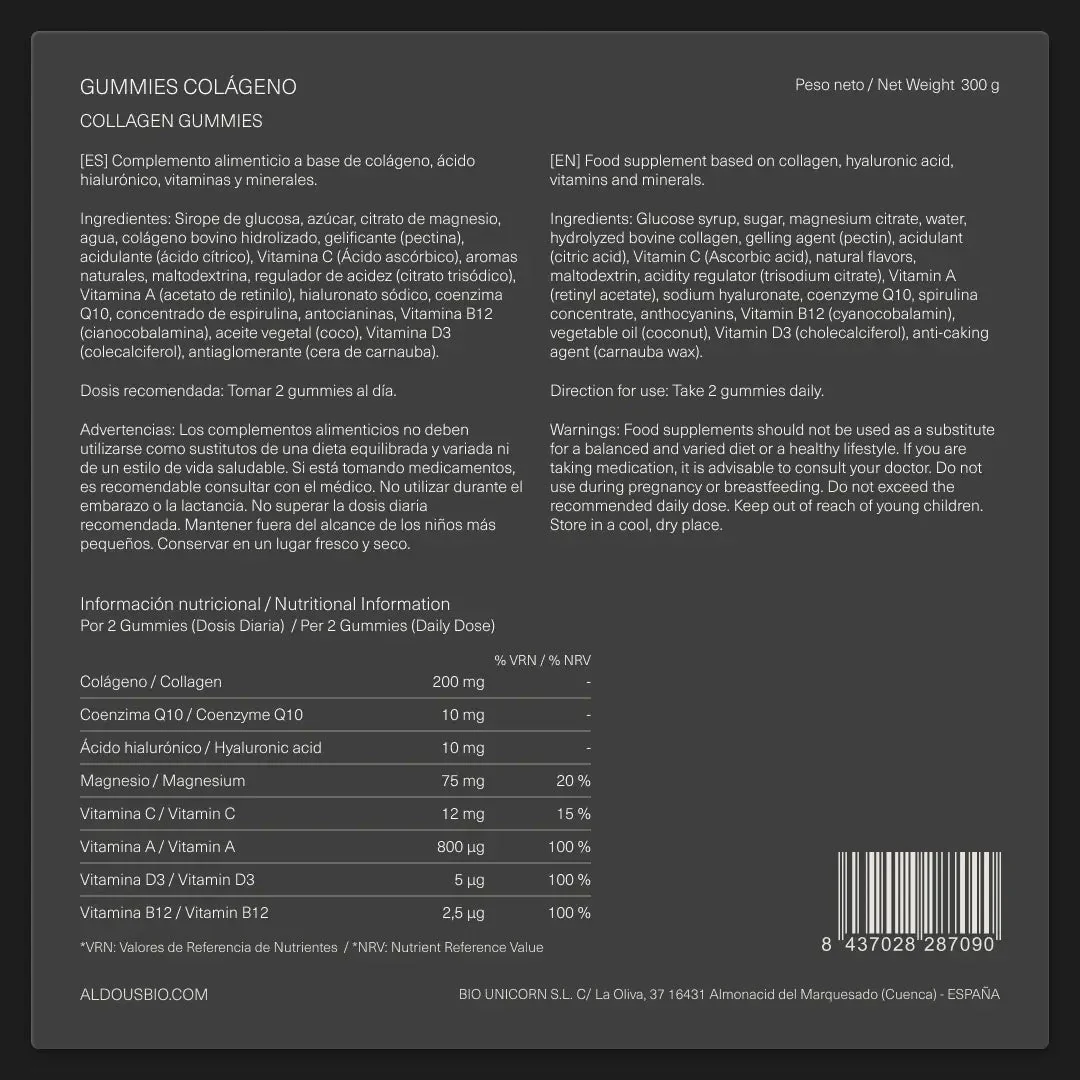 Collagène hydrolysé avec acide hyaluronique, coenzyme Q10, zinc et vitamines Aldous Bio 120 gélules