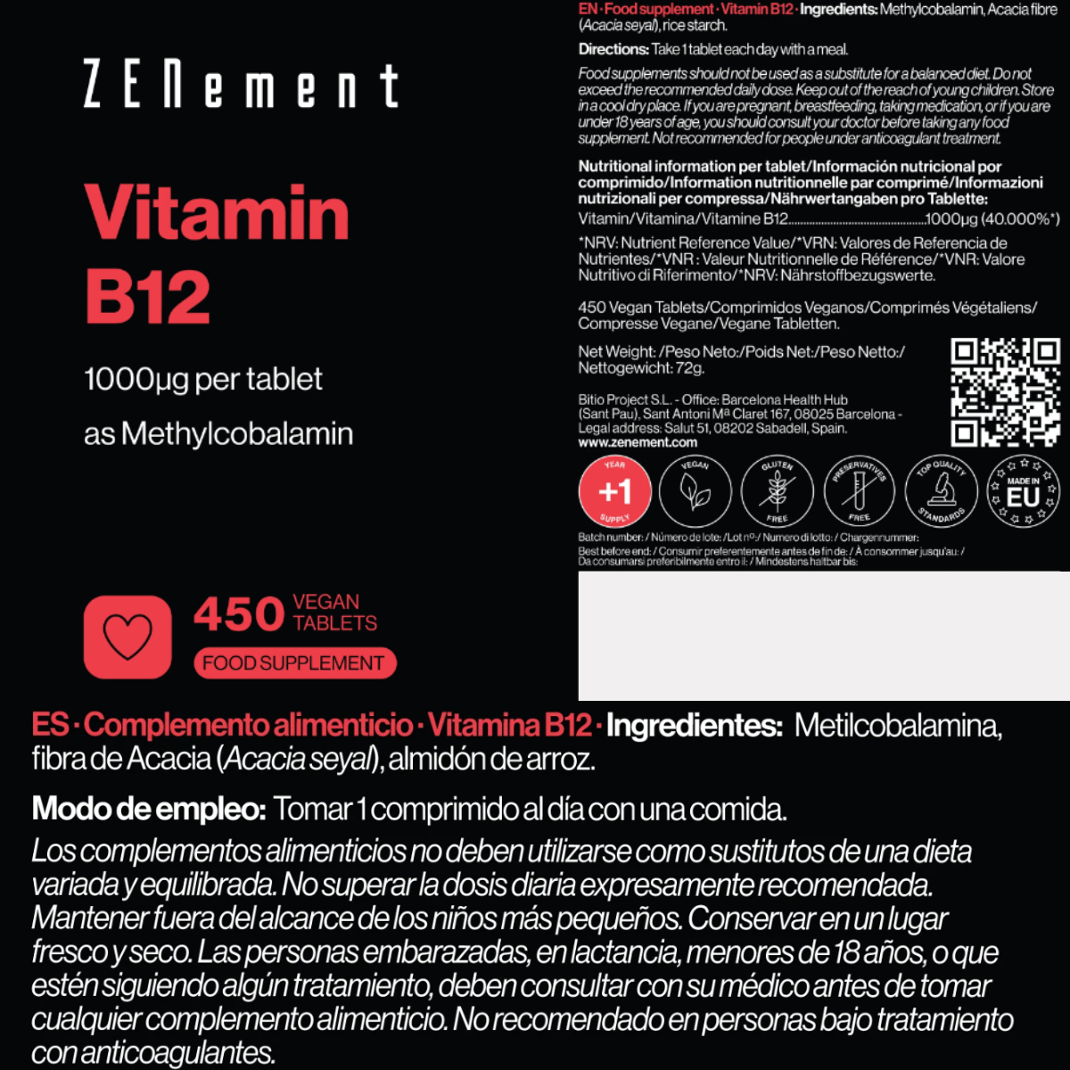 Witamina B12 1000 mcg Zenement 450 tabletek wegańskich