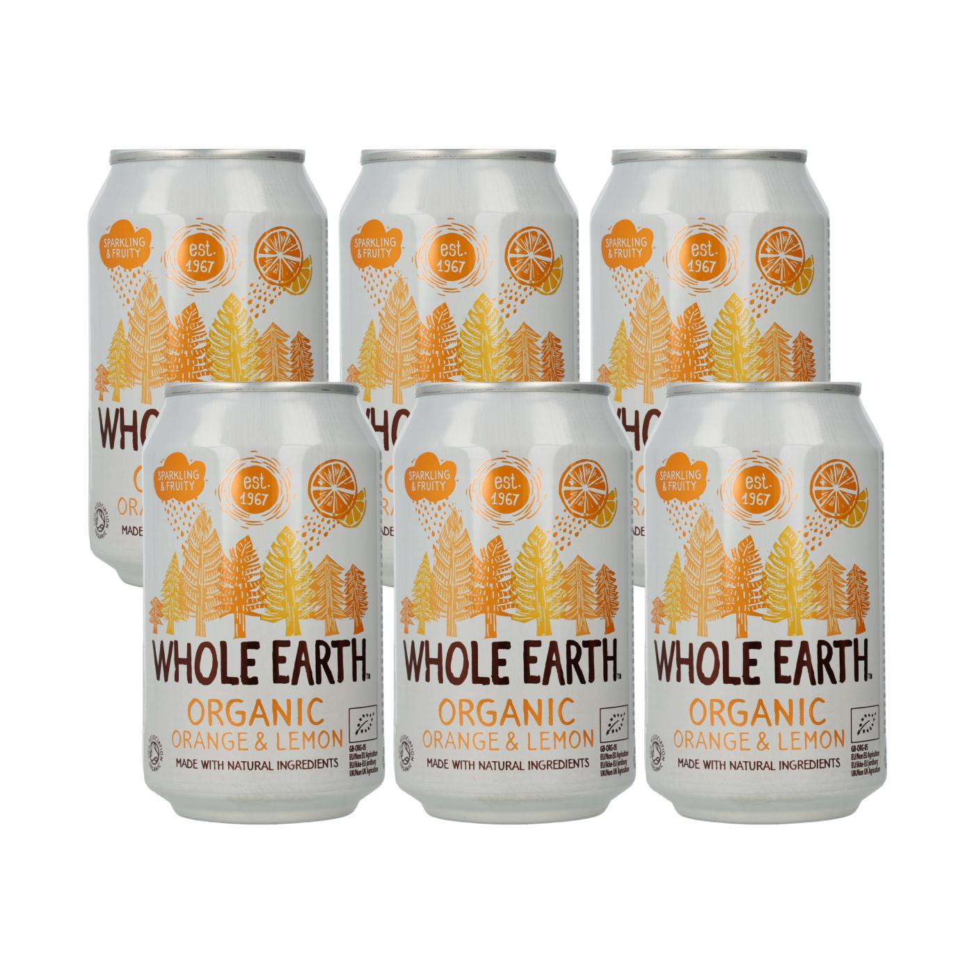 Lot de 6 boissons gazeuses biologiques Whole Earth à l'orange et au citron, 330 ml.