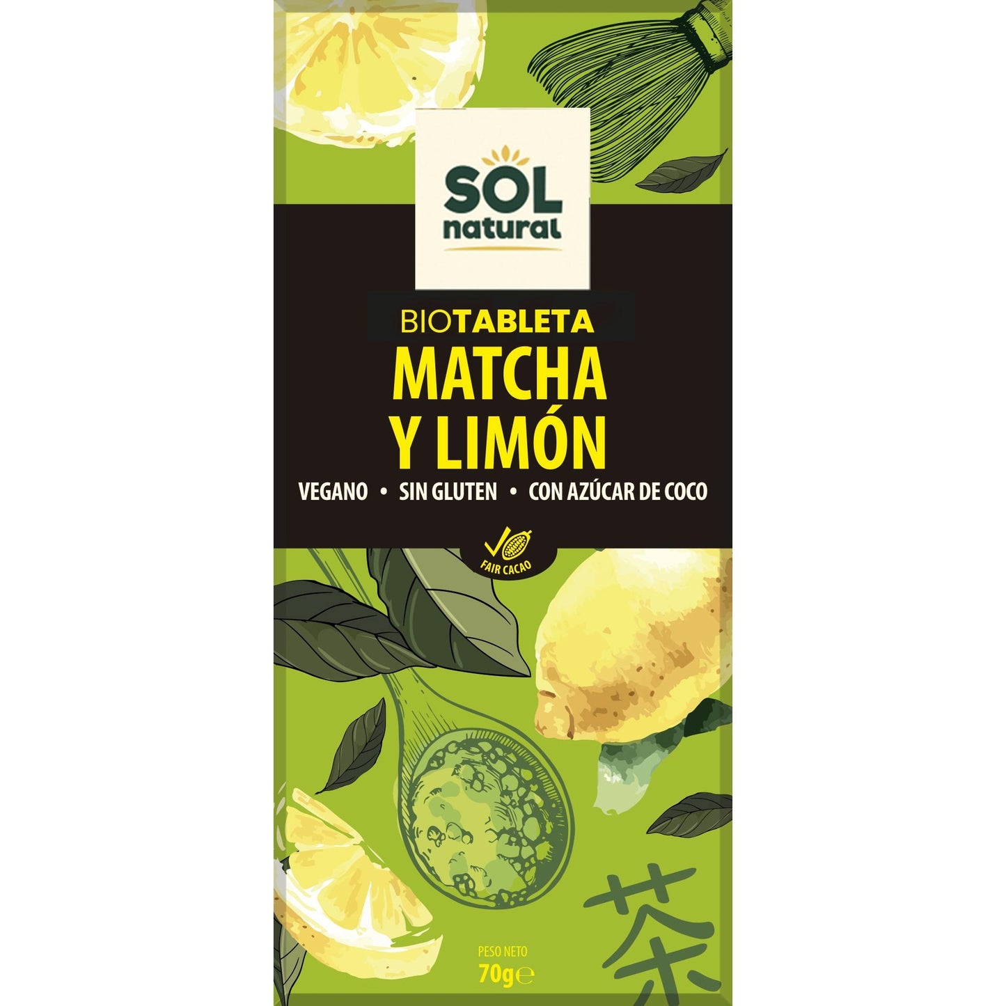 Schokoladentafel mit Matcha und Zitrone BIO Sol Natural 70 g