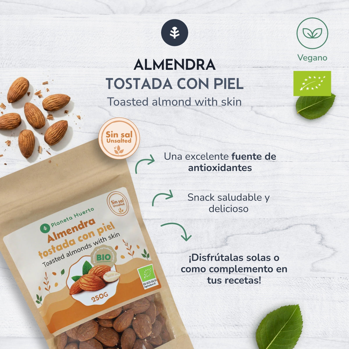 Unsalted roasted almonds with skin ECO Planeta Huerto 250 g