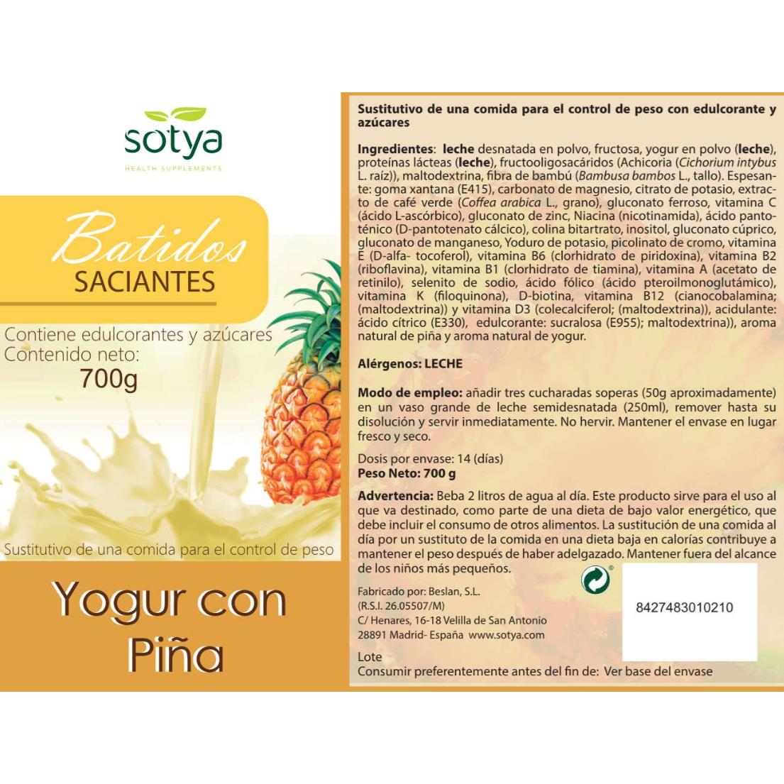 Milkshake rassasiant au yaourt et à l'ananas Sotya 700 g