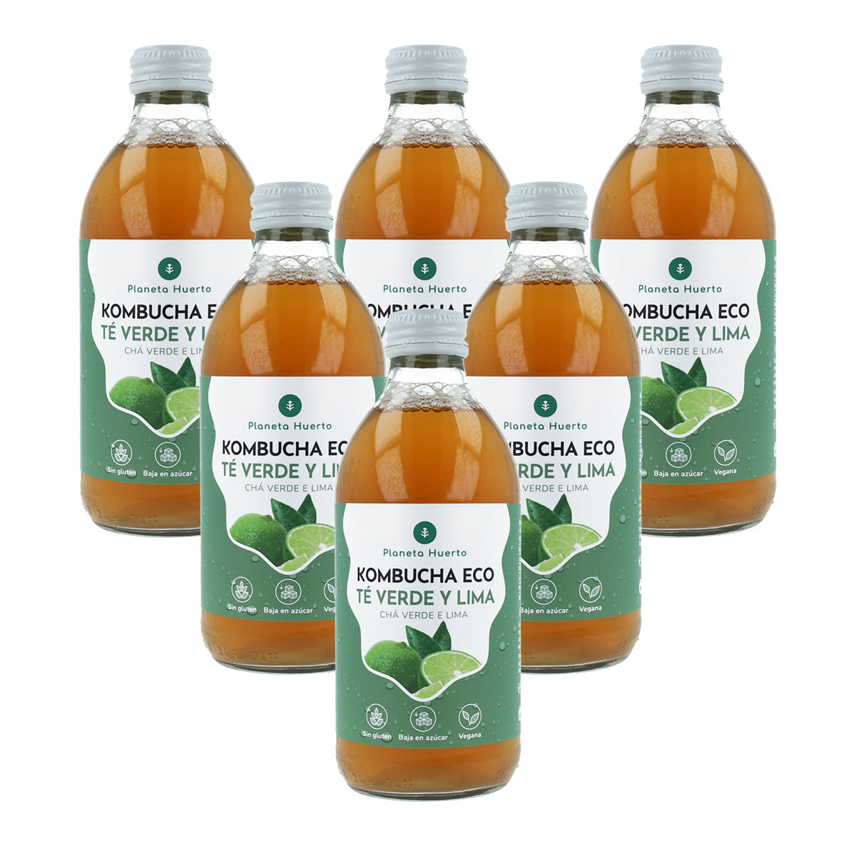 Opakowanie 6x Kombucha ECO zielona herbata i limonka Planeta Huerto 330 ml