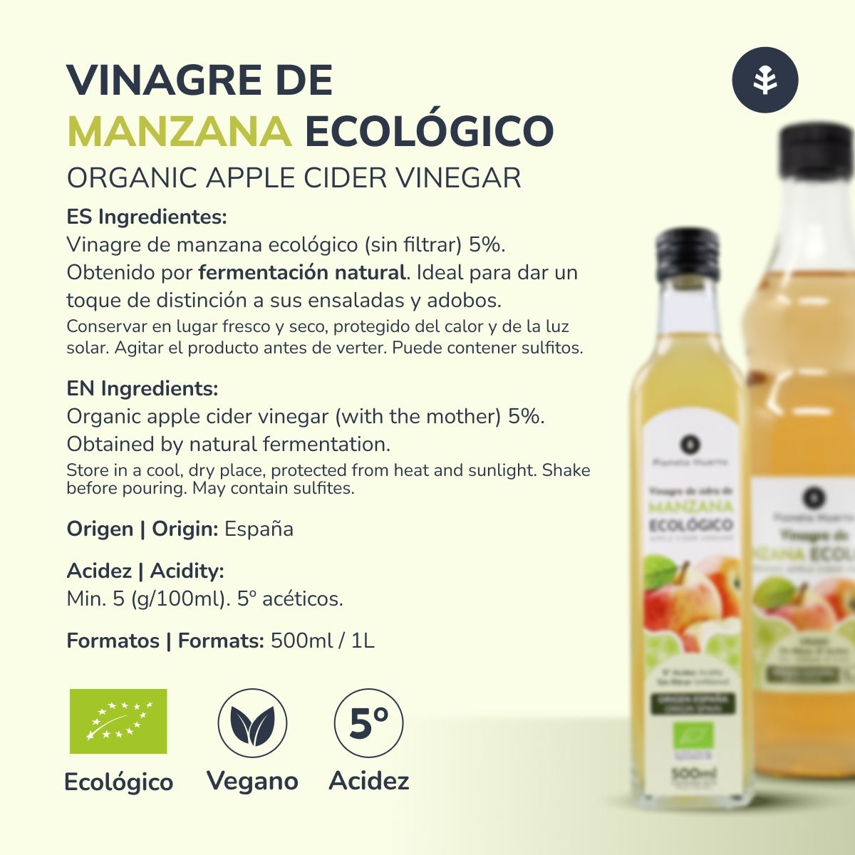Packung 2x Ungefilterter Bio-Apfelessig mit Essigmutter Planeta Huerto 1 l