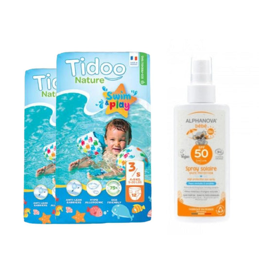 Pakket x2 Swimmers zwemluiers T3 (4-9 kg) Tidoo + Zonnebrandcrème voor baby's SPF 50 Alphanova 125 ml