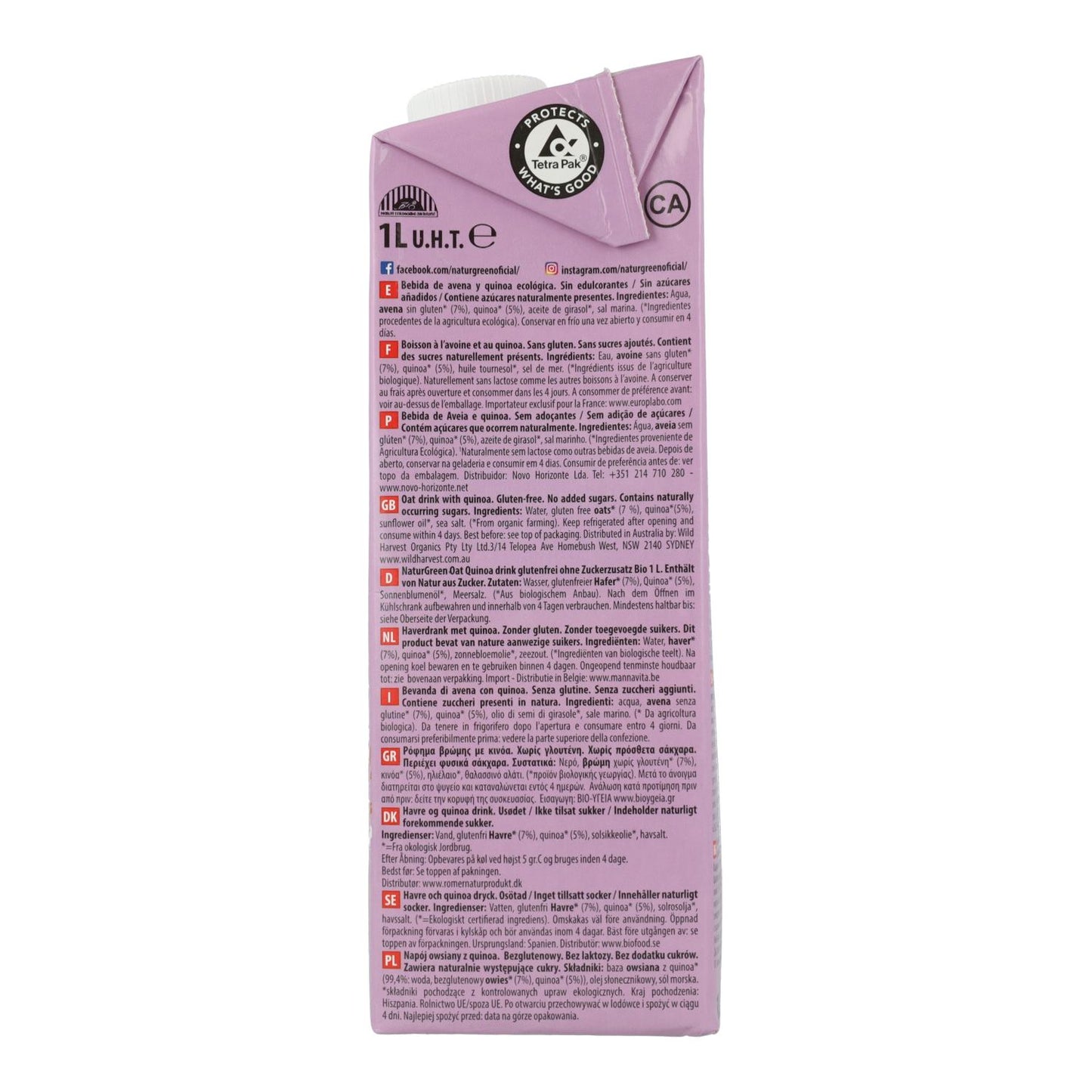 6er-Pack glutenfreies Bio-Getränk aus Hafer und Quinoa NaturGreen 1 l