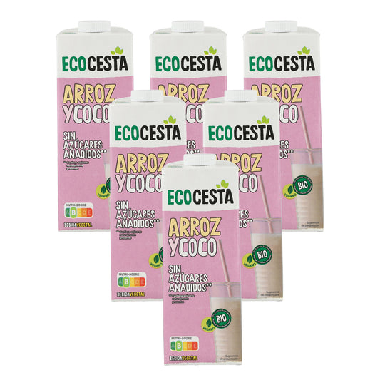 6-pack ekologisk ris- och kokosdryck utan tillsatt socker, Ecocesta, 1 l